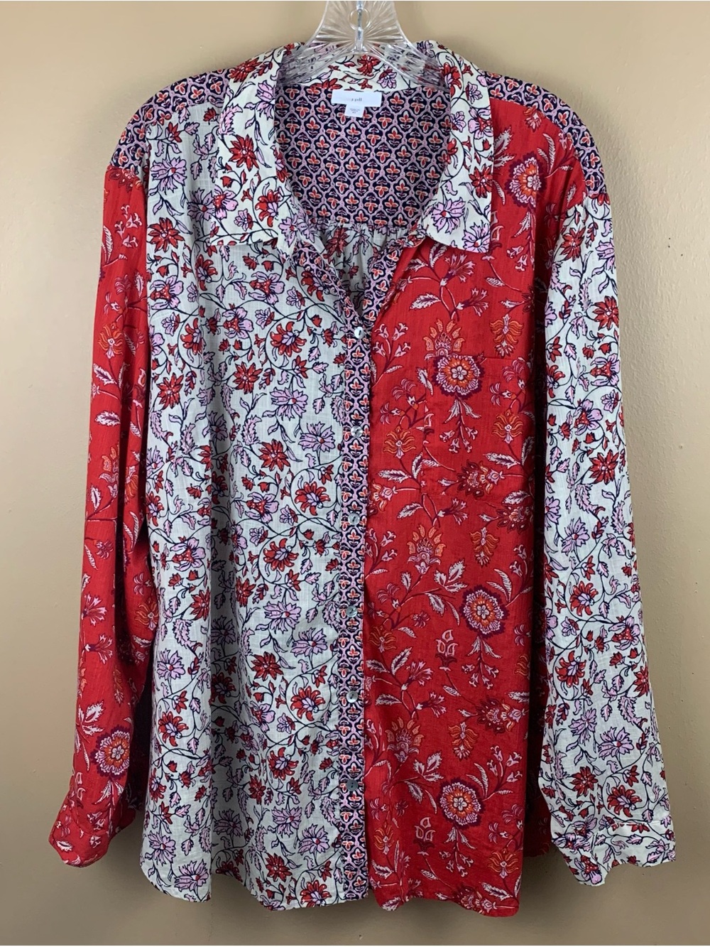 J Jill Shirt Womens 4X Red Colorblock Floral Button Up Cotton Long Sleeve Boho